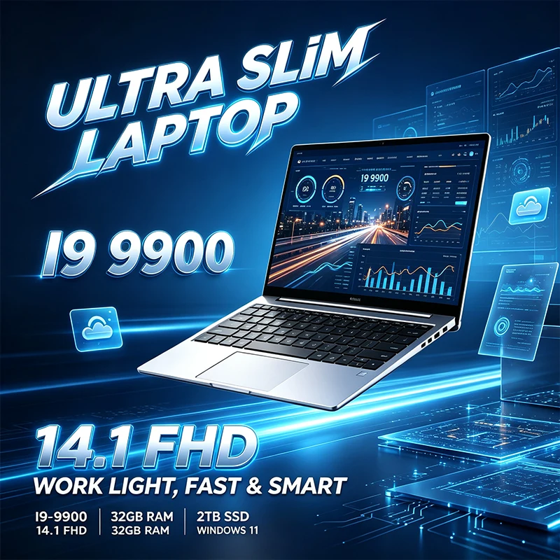 Laptop de 14,1 polegadas com ecrã IPS FHD de 120 Hz, processador Intel Core i9-9900, 32 GB de RAM, SSD de 2 TB de alta velocidade, teclado retroiluminado e bateria de longa duração.