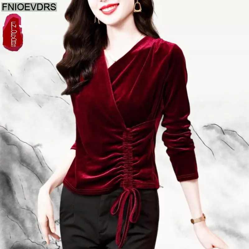 

Black Red Velvet Tops Blouses 2025 New Spring Slim Basic Wear Long Sleeve Solid Draped Shirring Retro French Design Short Shirts