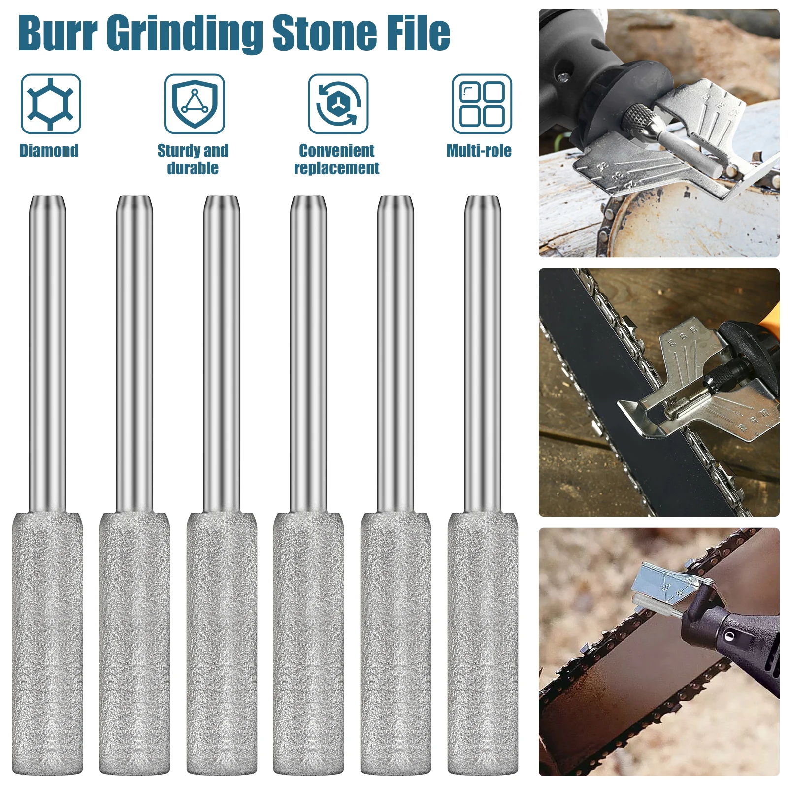 6Pcs Diamond Coated Cylindrical Burr 4/5.5mm Chainsaw Sharpener Stone File Chain Sharpening Carving Grinding Tools Kits
