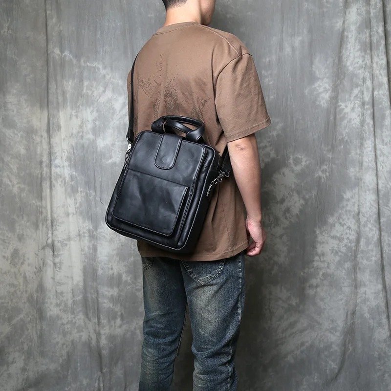 Men's Casual Top Layer Cowhide Mailman Bag Retro Genuine Leather Shoulder Crossbody Bag Vertical Handmade Handbag Briefcase