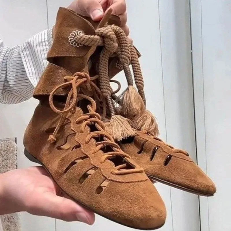 Women's High-top Openwork Lace-up Gladiator Style Boots Flat-heeled Suede Embroidered Eyelets Shoes