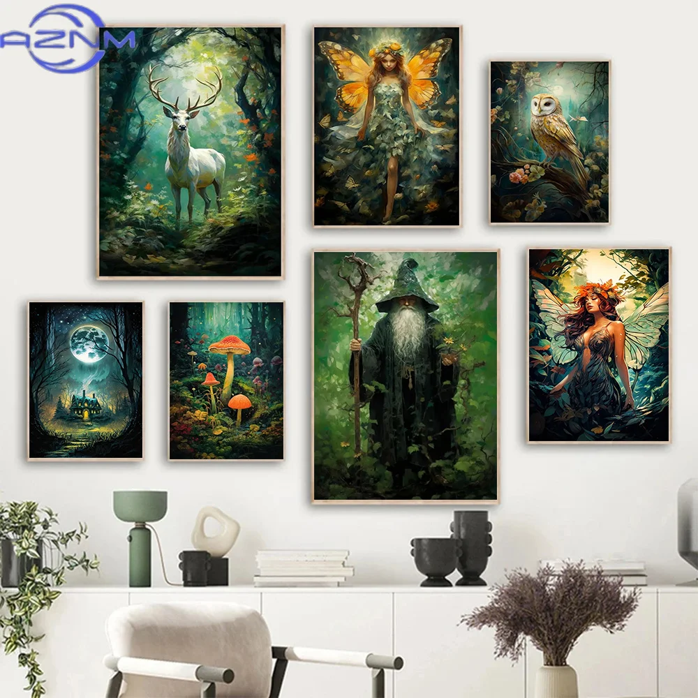 AZNM Aesthetic Poster Fairy Tale Magic Forest Plants Fantasy Landscape Canvas Painting Angel Elf Psychedelic Mushrooms Art Home