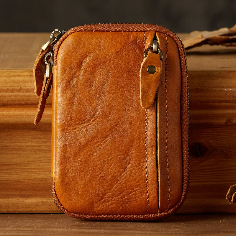 Handmade Genuine Leather Key Wallet for Men Top Layer Cowhide Coin Purse Short Vintage Simple Zipper Card Holder Small Bag