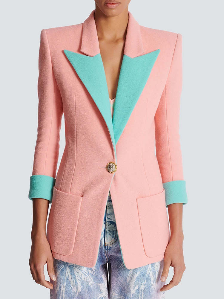 TWOTWINSTYLE Hit Color Blazer Casual per donna colletto dentellato tunica a tre quarti Patchwork Pocket Chic Blazer moda femminile