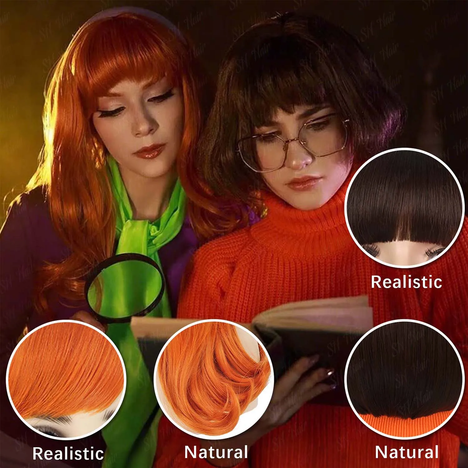 Synthetic Long Curly Orange Wig+Purple Headband Daphne Wig,Brown Wig with Bangs+Glasses+Magnifying Glass Velma Wig for Halloween - view 5