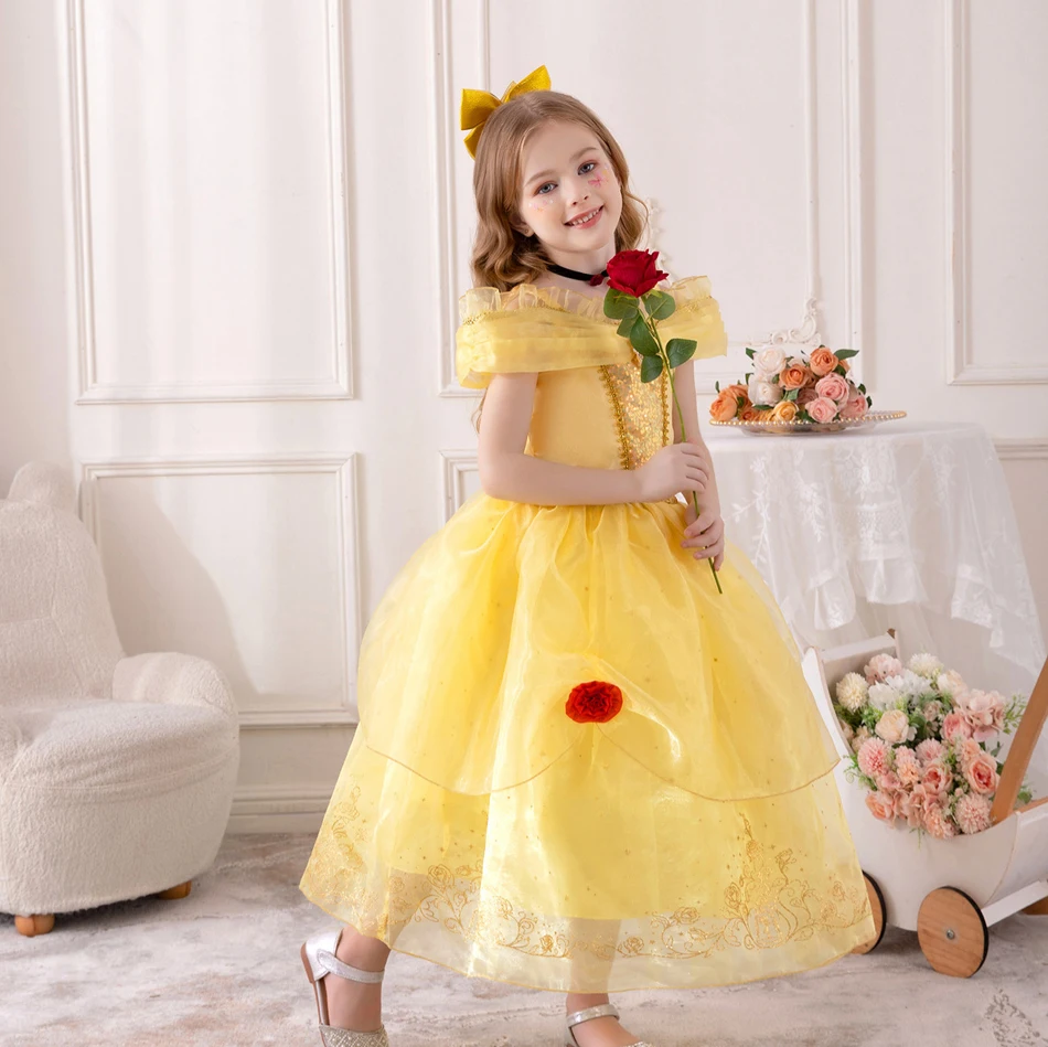 Girls Beauty Beast Classic Belle Cosplay Princess Costume Halloween Fairy Tale Clothing Party Carnival Birthday Elegant Gown