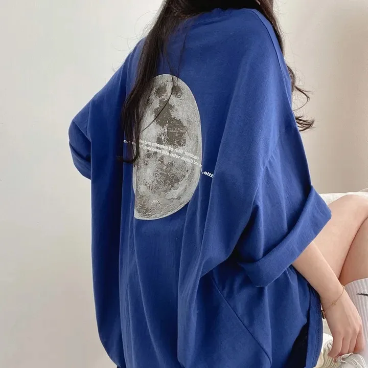 Women Vintage Print Hood Sweatshirt Oversized T Shirt Female Harajuku Punk Lady Moon Printed Top Ladies Casual Loose Chic Summer