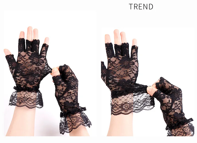 Lace Half Finger Gloves Women Sexy Black Stretchy Mesh Adult Size Lightweight Hollow Out Breathable Etiquette Performance Party