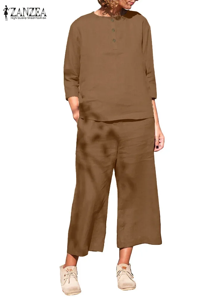 2025 ZANZEA الخريف بانت مجموعات النساء قطعتين مجموعات عادية كم طويل بلوزة واسعة الساق بنطلون دعوى الصلبة وتتسابق فضفاض رياضية