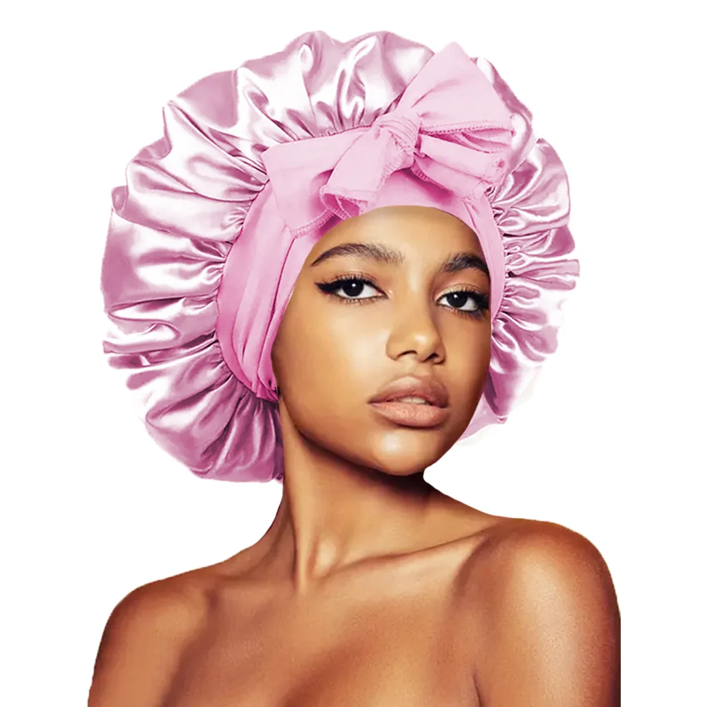 Women Satin Hair Bonnet with Bow Tie, Large Soft Silk Sleeping Cap, Wide Elastic Band Night Hat, Hair Protection Sleep Cap for C