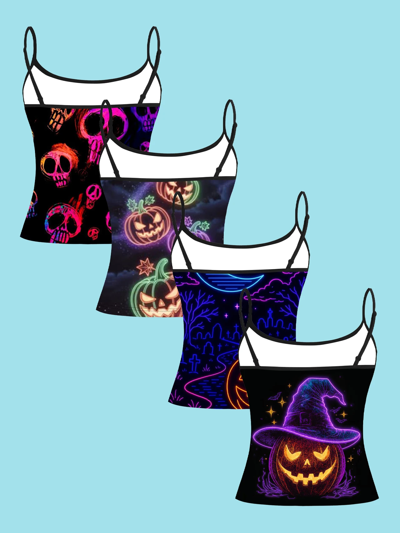 4-Piece Set of Halloween Neon Skeleton Pumpkin Women's Camisoles: Black Fluorescent Skeleton, Colorful Glowing Pumpkin, Neon Moon Tombstone, Witch Hat Glowing Pumpkin Print Slim-Fit Spaghetti Strap Short Camisole Tops