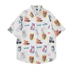 Camisa de manga corta con estampado de gato para mujer, blusa holgada coreana con estampado de corazón, estilo Harajuku, ropa de calle informal