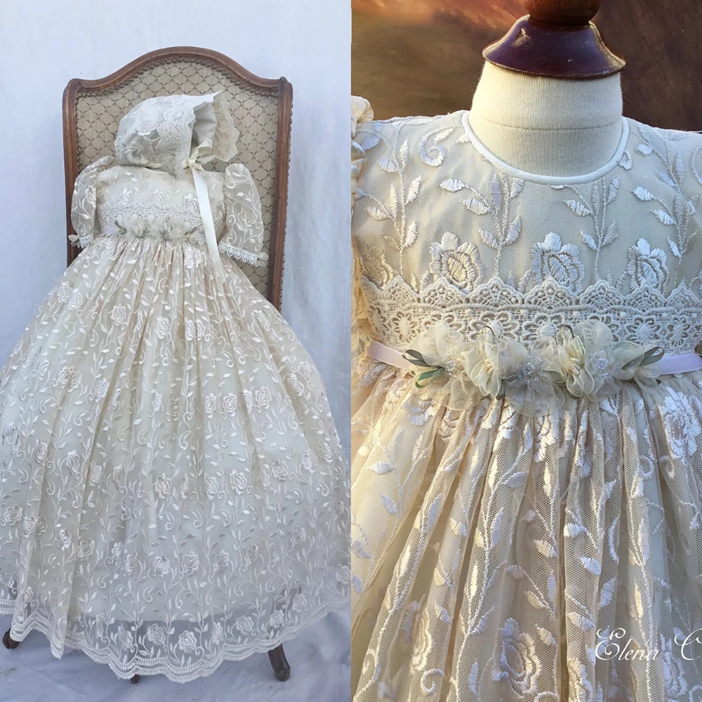 Sweet Baby Girl Christening Lace Appliques Puff Sleeve Full Length Infant Birthday Dress Set Custom Baptism Formal Wear