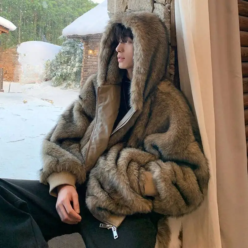 

Men Faux Fur Coats Jackets Hooded Zipper Coat Thick Streetwear Jacket Casual Full Sleeve Work Outerwear Autumn Winter 2026