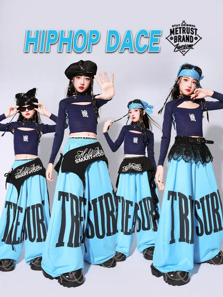 Girls K-pop Crop Top Joggers Cargo Pants Children Hip Hop Streetwear Girl Group Clothes Sets Kids Street Dance Jazz Costumes