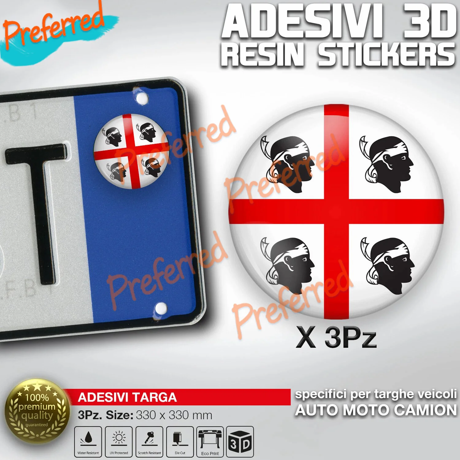 3x Pegatinas de Resina en Gel 3D, Placa de Matrícula de Italia, Bandera de Cerdeña, 4 Mori Sardinia - Personalizable en Cualquier Tamaño
