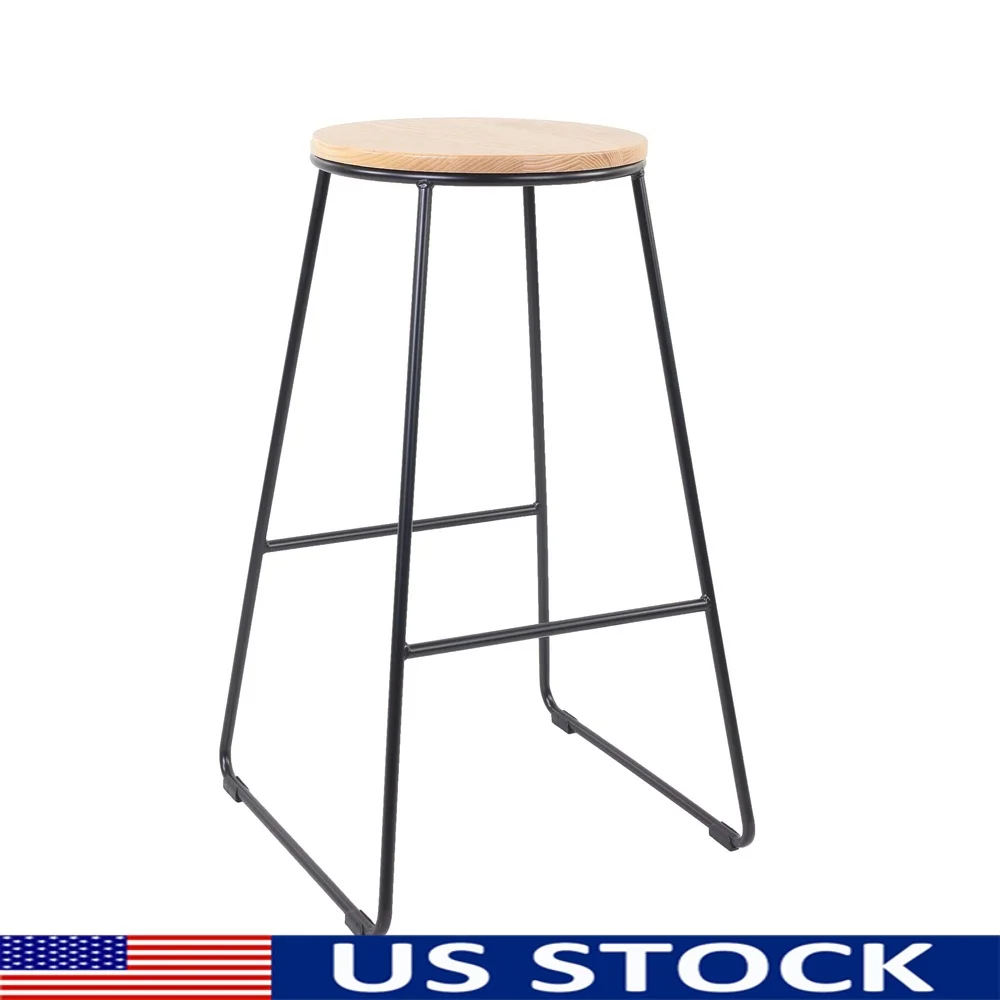 

28 Inch Backless Bar Stool Black Metal Frame Natural Wood Seat Kitchen Dining Room Game Room Stackable Design
