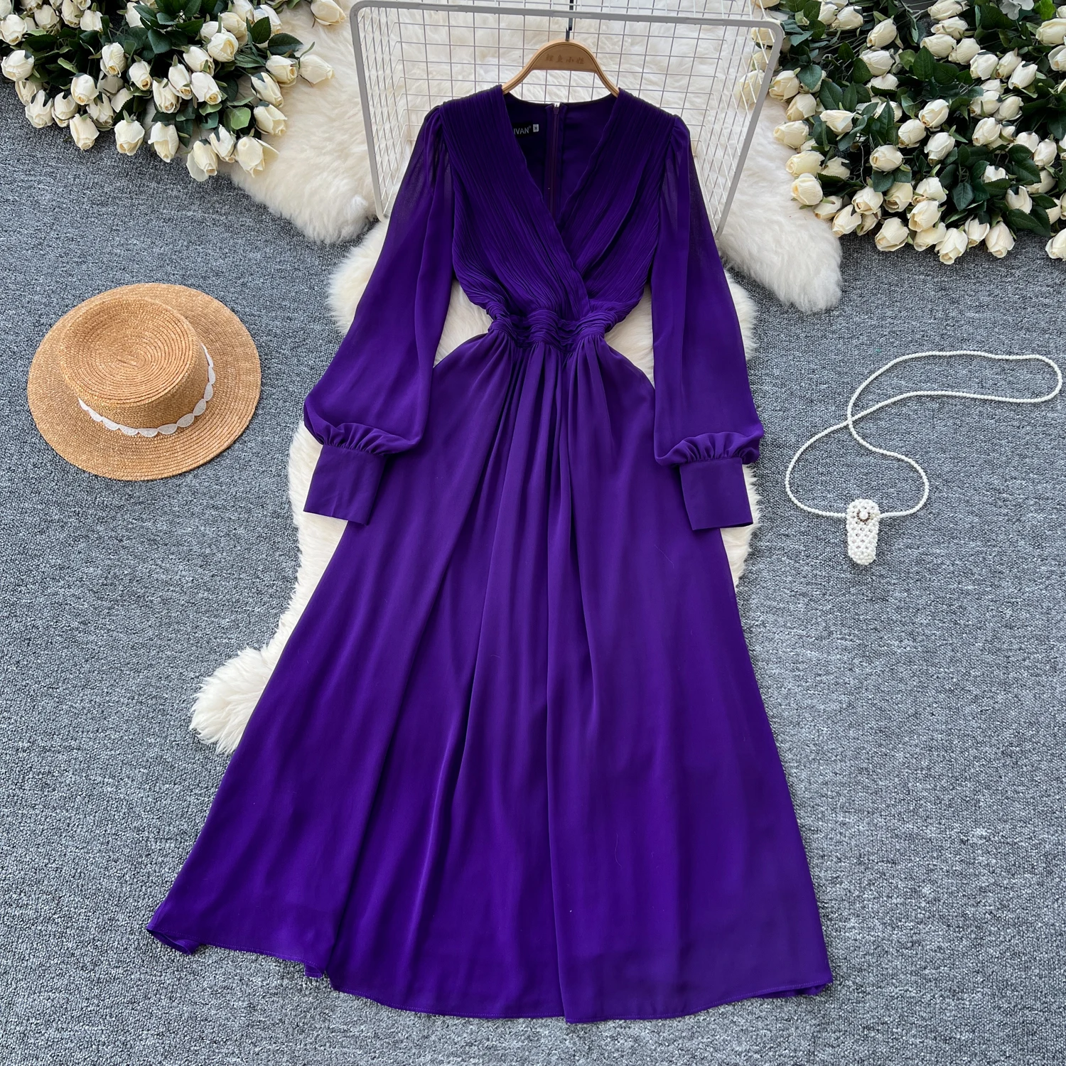 Vintage Long Sleeve Elegant Criss-Cross V-neck Chic Pleated Slim Long Chiffon Dresses French Evening High Street Autumn Clothing