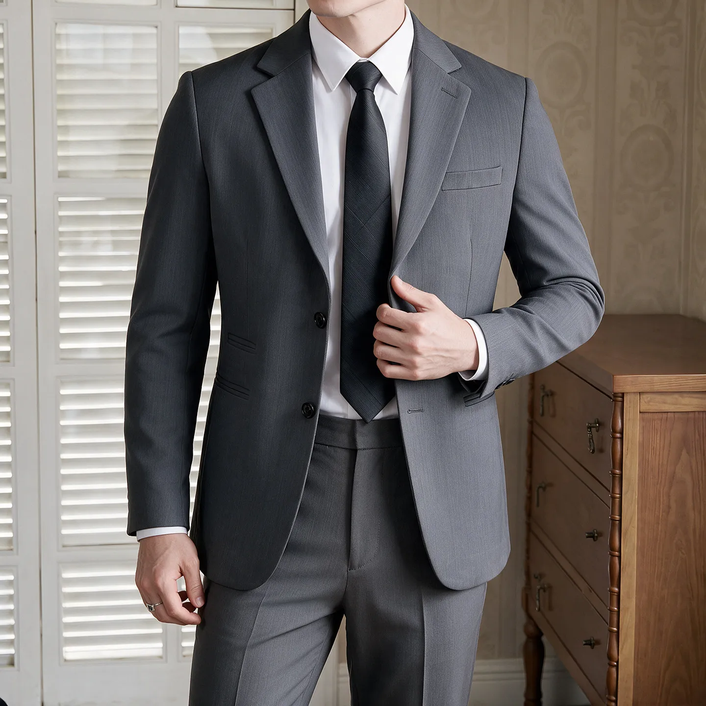 High-Quality Fashionable Retro Texture Men's Suit Set Casual Lightweight Commute Business Formal Two-Piece Set