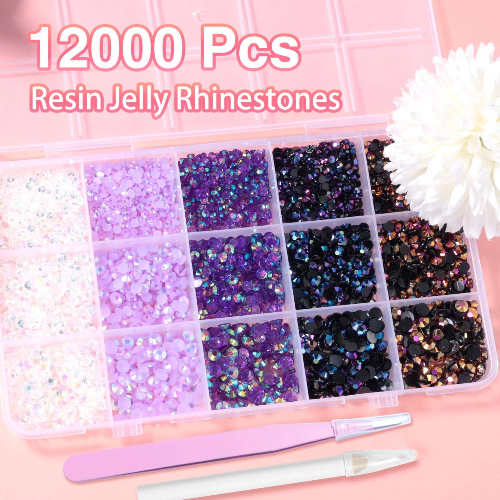 12000 Pcs Resin Jelly Rhinestones for Nail Art Crafting, Multi Sizes Flatback Beads Purple Color Nail Gems Nail Charms for DIY