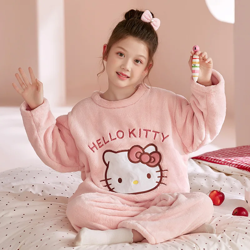 

Детские пижамы Hellokittys для девочек, утепленная одежда с героями мультфильмов, осенне-зимняя новая фланелевая утепленная домашняя одежда, детская одежда