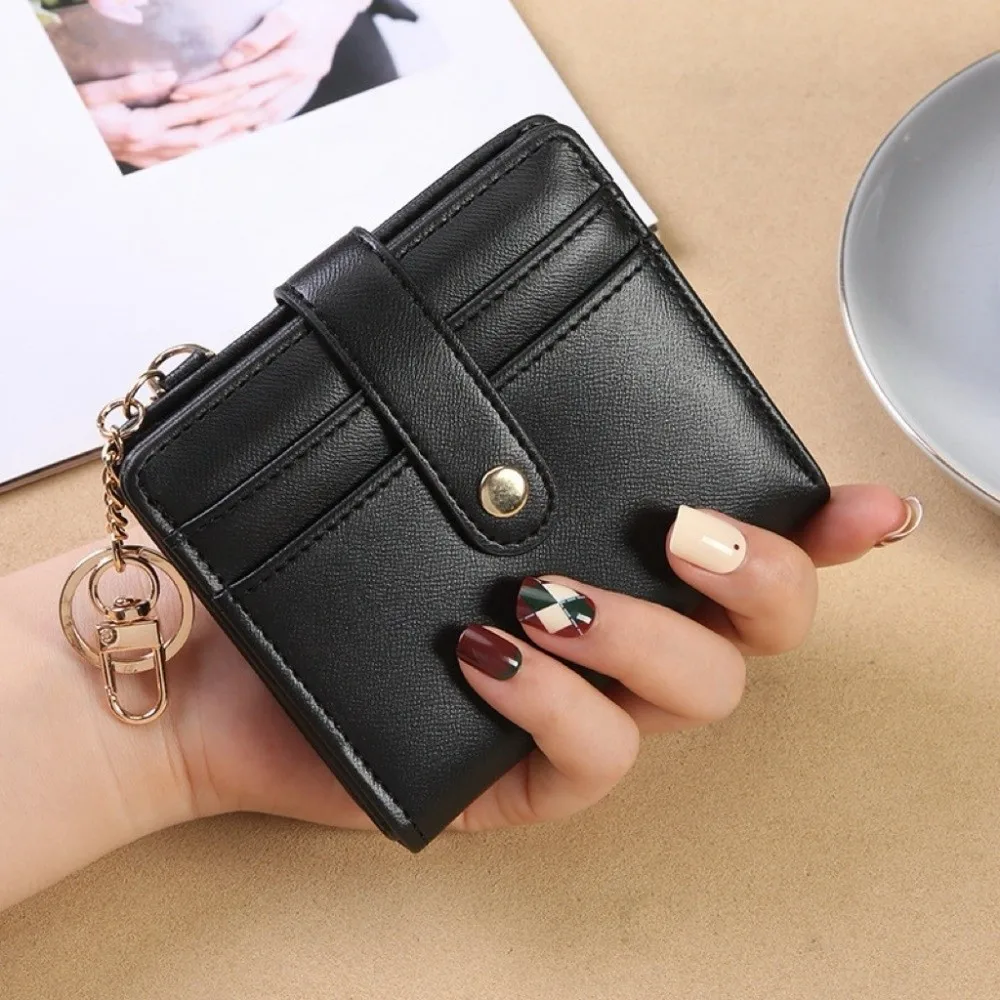 

Card Holder Short Trifold Wallet PU Leather Multifunction Hangging Card Bag with Keychain Portable Pocket Purse Unisex