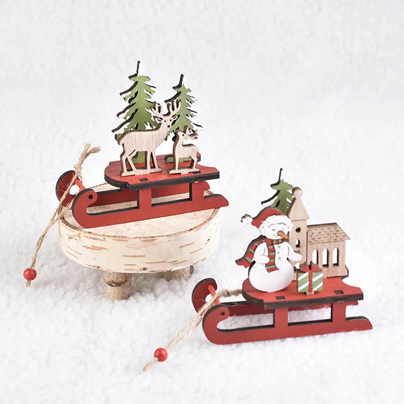 Christmas Ornaments Wooden Sleigh Santa Claus Snowman Elk Sled Pendant For Christmas Tree Home Party Decor Xmas Decoration Gift