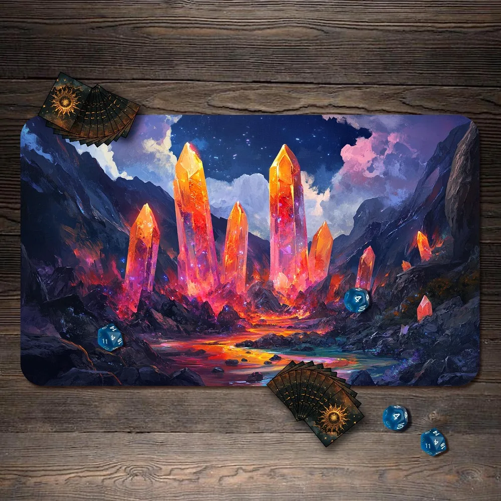 TCG Playmat Fantasy Magical Giant Glowing Crystal Valley Fiery Gemstone Peaks Mountain Landscape Nebula Night Sky Art