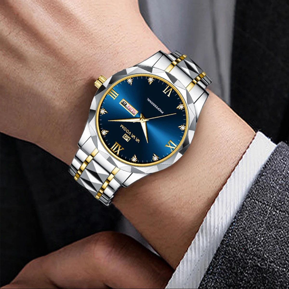 حجر الراين الفاخرة الرجال ووتش التصميم الأصلي برشام الفولاذ المقاوم للصدأ حركة الكوارتز الذهب الأزرق مضيئة التقويم الأعمال ووتش الرجال