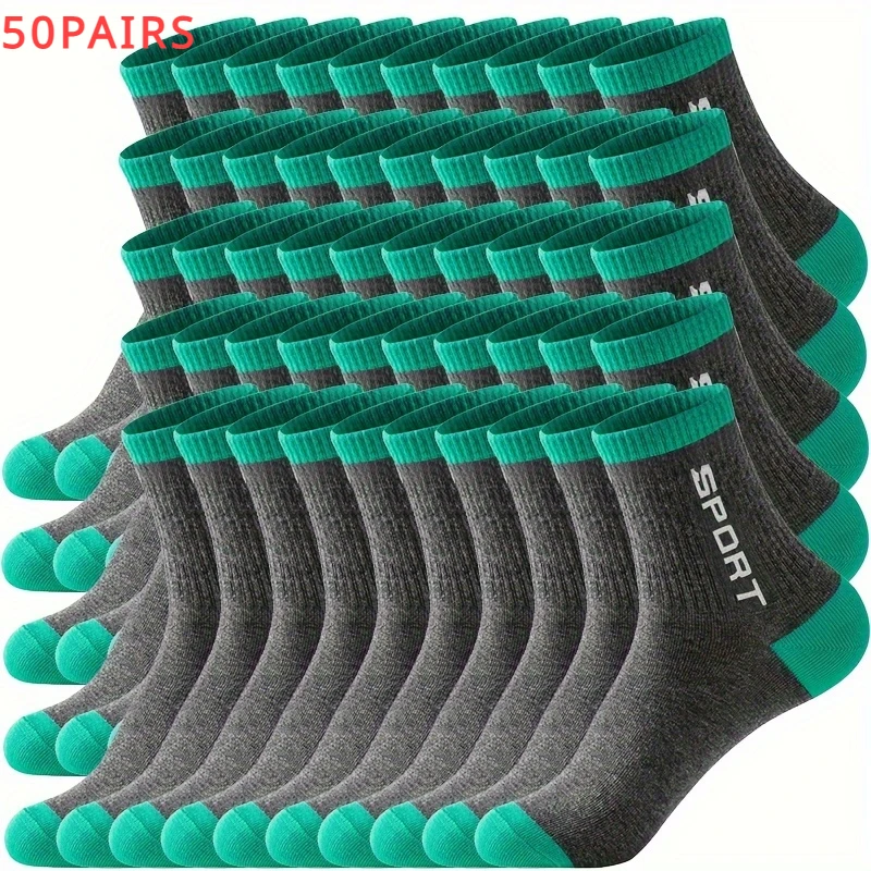 50 Pairs Men Women Sport Crew Socks Solid Letter Print Breathable Football Soccer Socks Middle Tube Men Socks Basketball