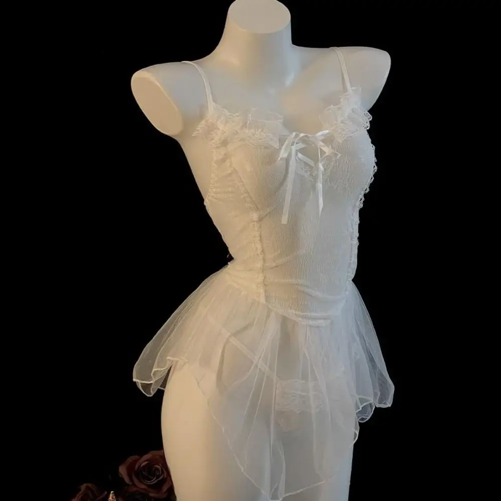 

V Neck See Through Lace Nightdress Irregular Hem Bowknot Sling Night Dress Transparent Lingerie Lace Mesh Nightgown Sleep