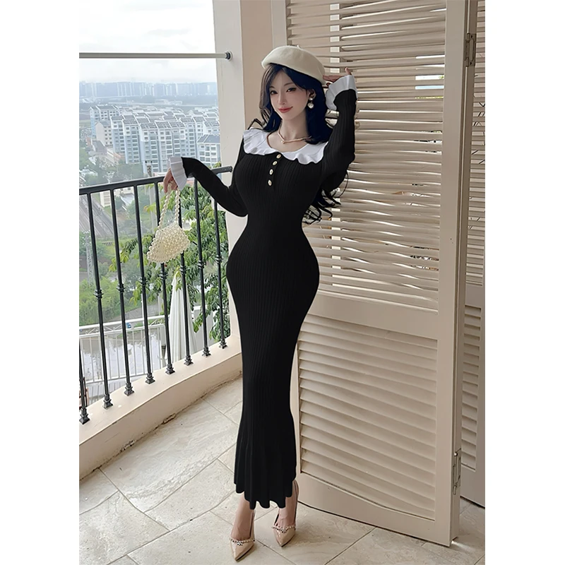 MEXZT Elegant Black Knitted Midi Dress Women Vintage Patchwork Red Mermaid Dresses Winter Korean Bodycon Design Trumpet Vestidos