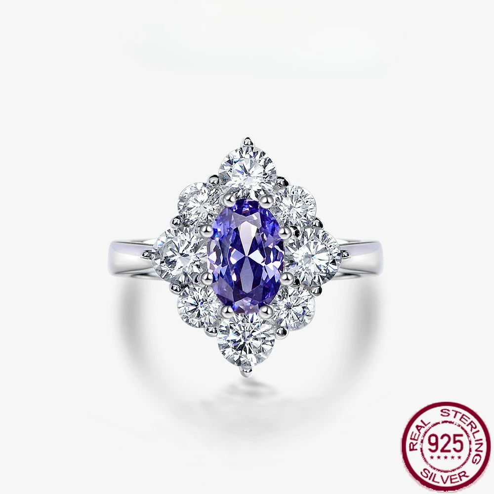 

New 925 Silver Ring Versatile Light Luxury 1.5ct Egg shaped 6 * 9 Sapphire Luxury Surrounding Diamond Ring Engagement Jewelry