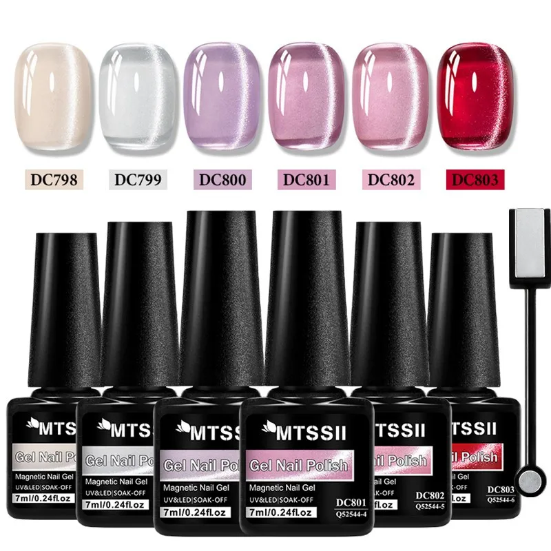 Mtsii 6 pçs gato gel magnético unha polonês com vara magnética para unhas grânulo de vidro cristal semi-transparente arte do prego gel manicure
