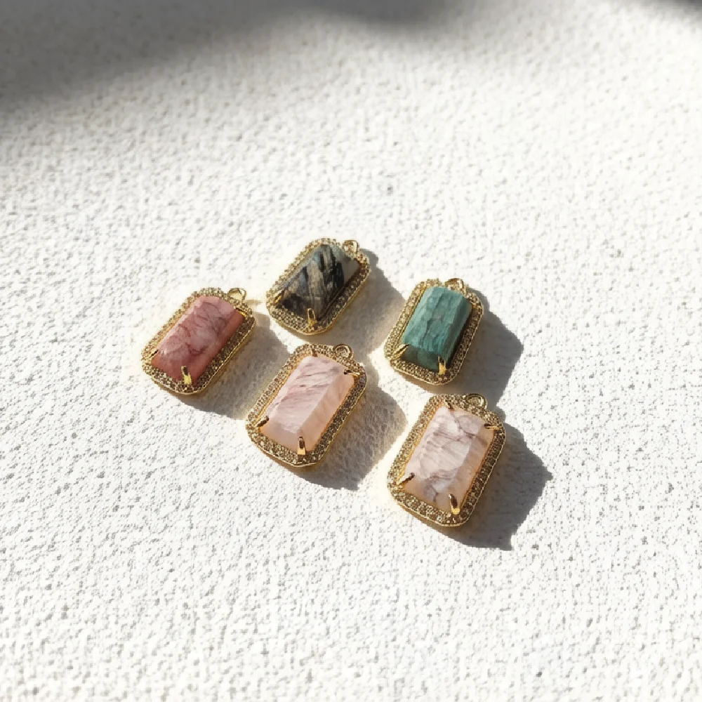Micro Pave CZ Rectangular Bar Charms Golden Tone Prong Set Natural Healing Gemstone Single Bail DIY Beading Findings P2D013
