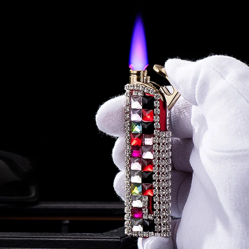 

Luxury Inlaid Colorful Diamond Visible Window Lighter Metal Windproof Jet Flame Inflatable Lighter Women's Smoking Gift