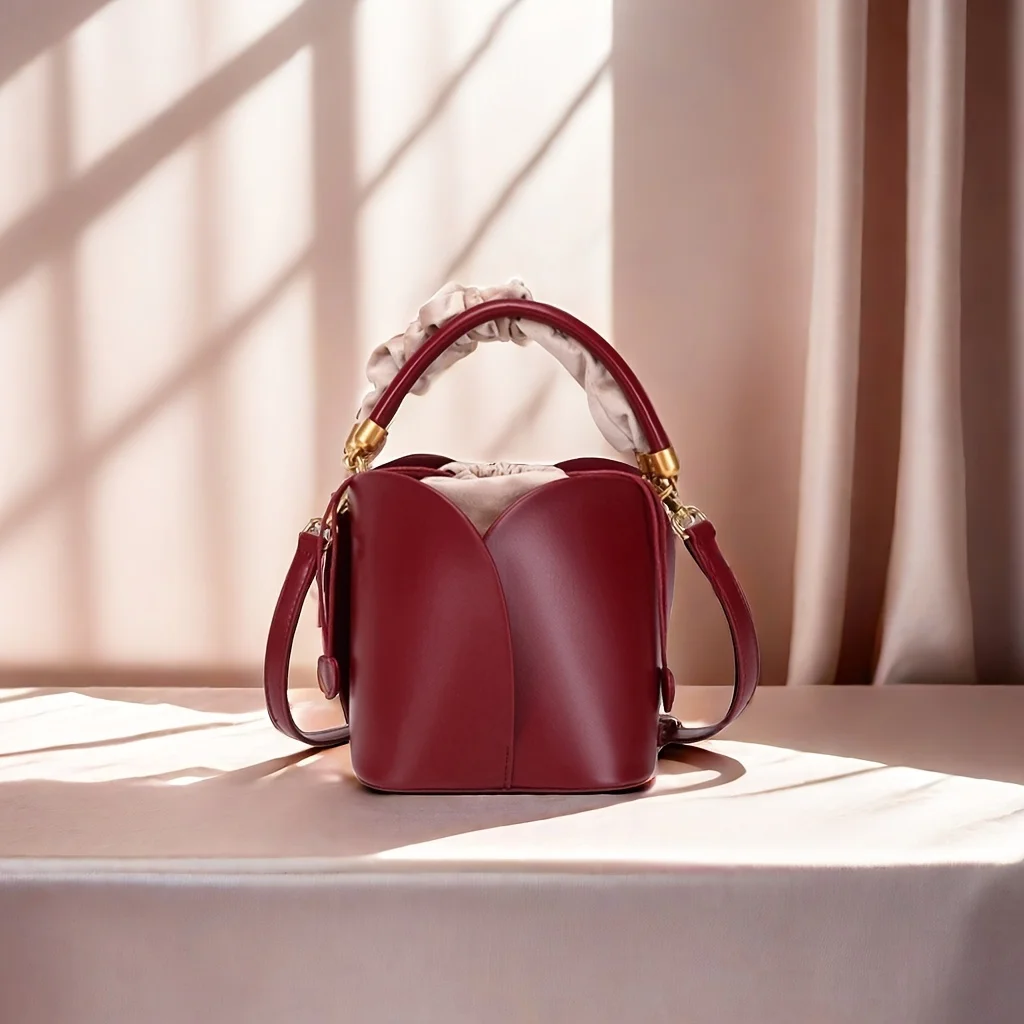 

Women's Red Bridal Petal Portable Bucket Bag Vegetable Basket Shoulder Crossbody Bag