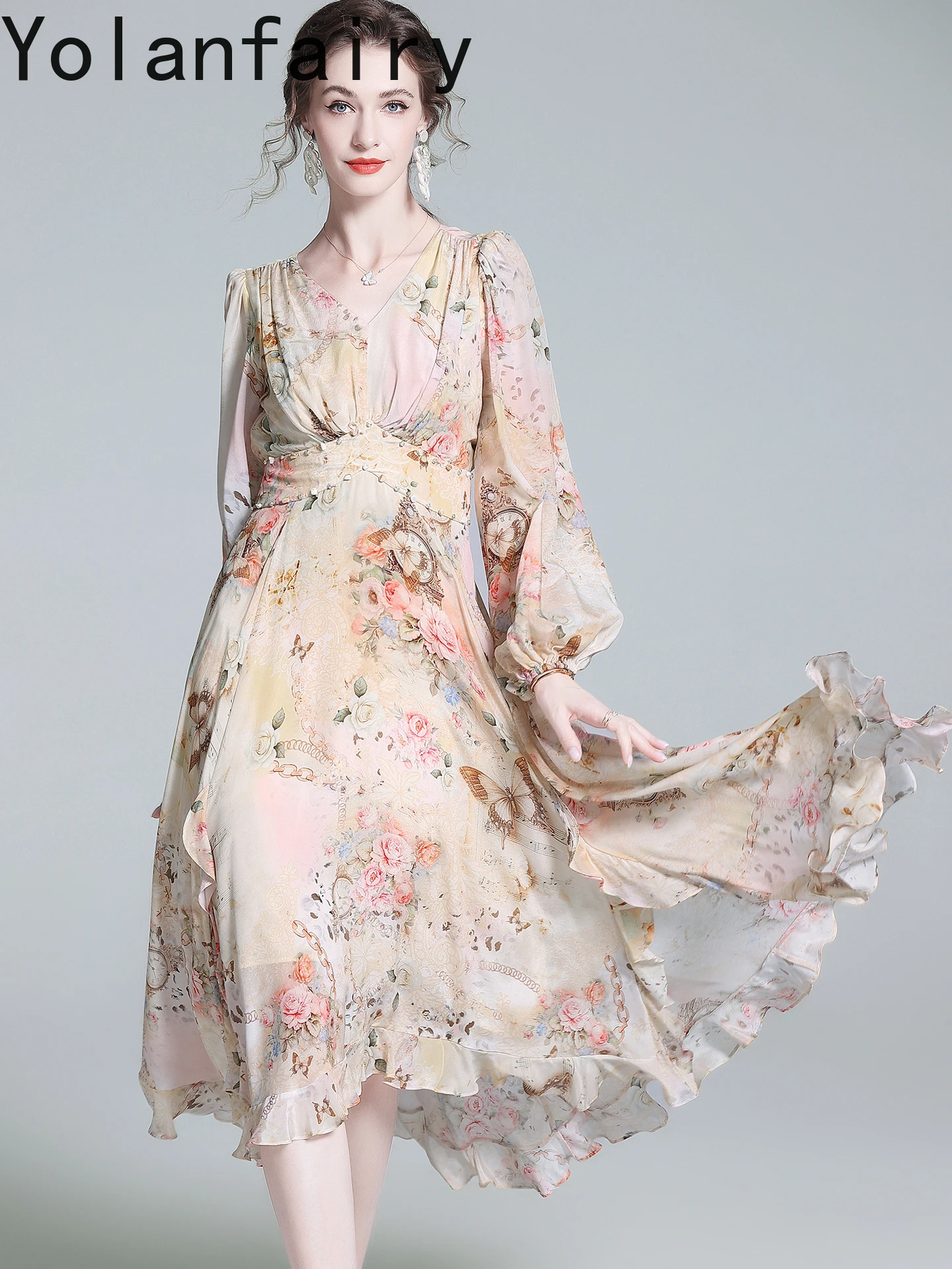 YOLANFAIRY 100% Real Mulberry Silk Dress Woman Autumn High Quality Elegant Floral Dress Super Fairy Long Sleeve Women's Dresses