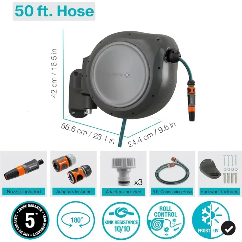 GARDENA 50' ft. Wall Mounted Retractable Reel with Hose Guide, automatic retraction for watering of garden or yard. Easy swivel