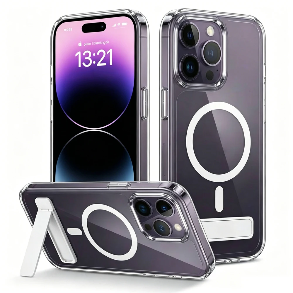 Transparante Magnetische Beugelhoes voor iPhone 14 16 15 Pro Max 12 Mini 17 11 13 Serie Anti-Geel Case Cover Slank met Opklapbare Stand
