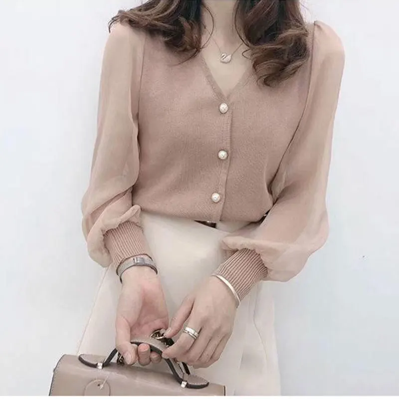 Women\'s Spring Korean Fashion Office Lady Simplicity V-neck Long Sleeve Shirts Women Clothes Casual Elegant Temperament Tops