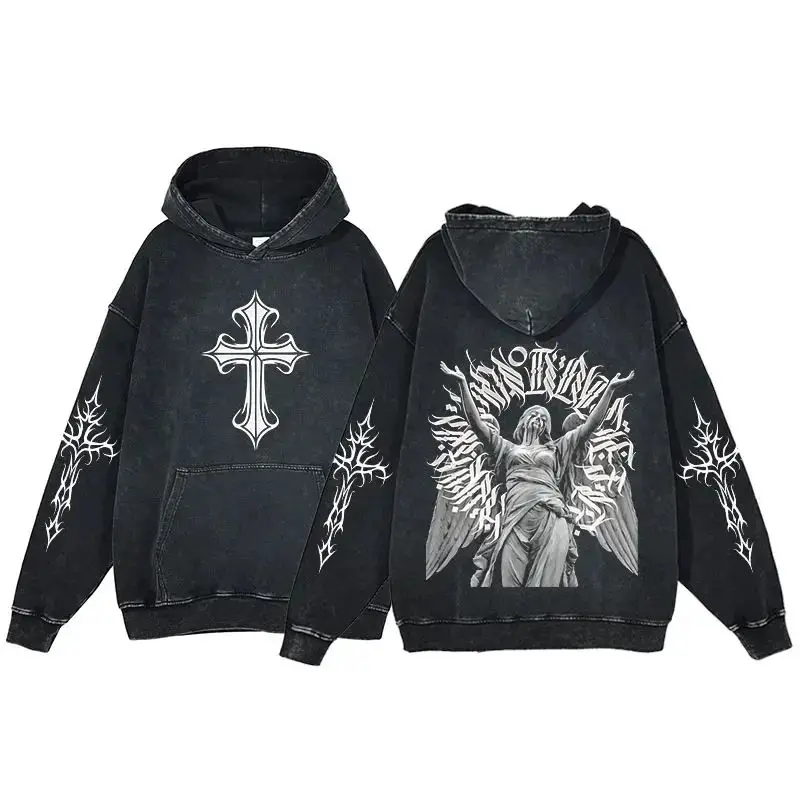 

Y2K Angel Print Hoodies for Men Women Casual Vintage Acid Wash Cotton Pullover Tops Hooded Sweatshirt with Pocket Streetwear
