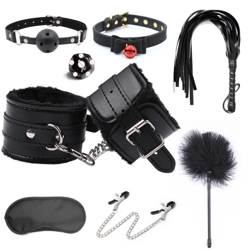 Bondage Kit Leather Handcuffs Whip Nipple Clamps Collar Ball Gag Fetish Bdsm Sets Sex Toys For Women Adult Games Erotic Products