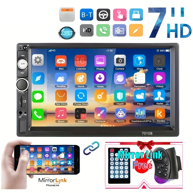 

7-дюймовый HD-автомобильный стереофонический плеер с двойным Din MP5, сенсорный экран, USB, TF, FM, AUX, зеркальная связь, пульт дистанционного управления на руле, ИК-пульт дистанционного управления