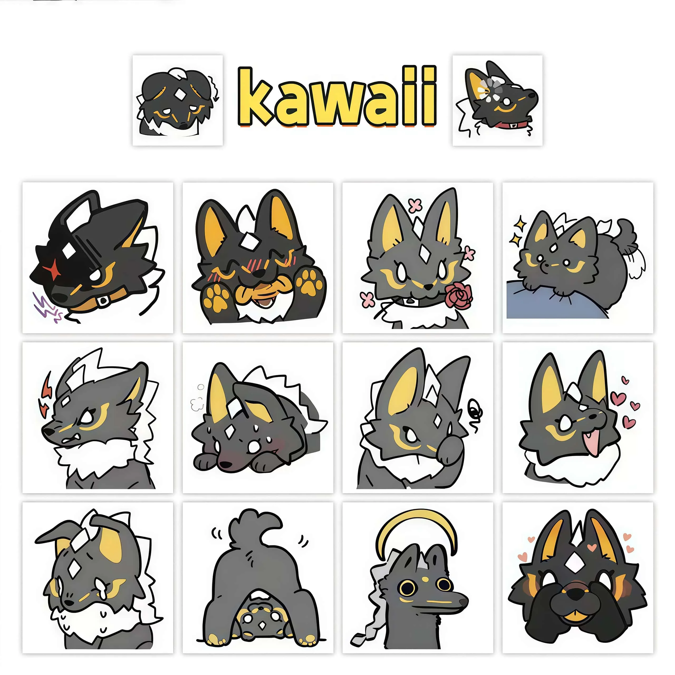 500Pcs Cute Black Cartoon Wolf Square Sticker Roll, Multi Expression Fluffy Dog Labels for Packaging Journal Scrapbook DIY Decor