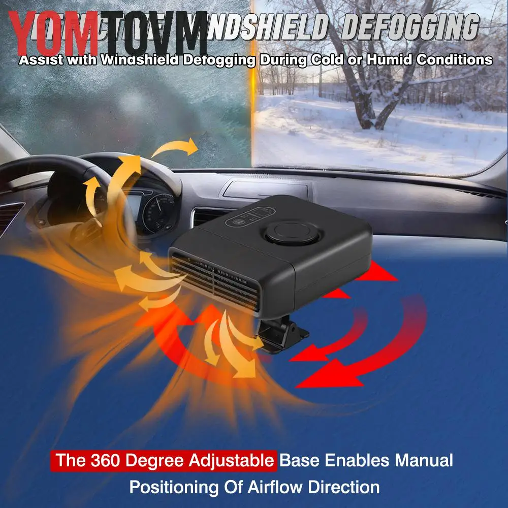 1Pc Black Car Heater Defroster 12V 24V Universal For Sedan SUV Truck With 360 Degree Rotating Base And Defogging Airflow