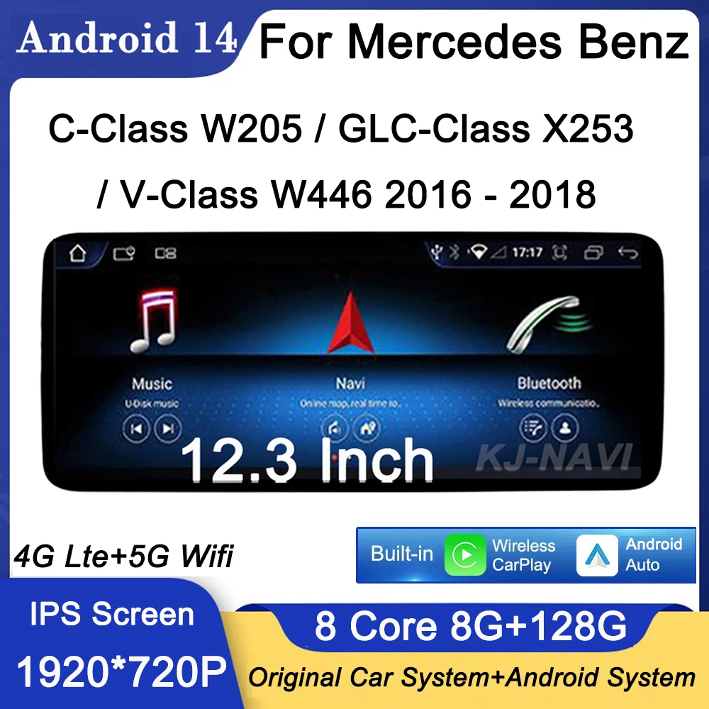 

For Mercedes Benz C-Class W205 / GLC-Class X253 / V-Class W446 2016 - 2018 IPS Android 14 Car Radio GPS Navigation Video Wifi BT