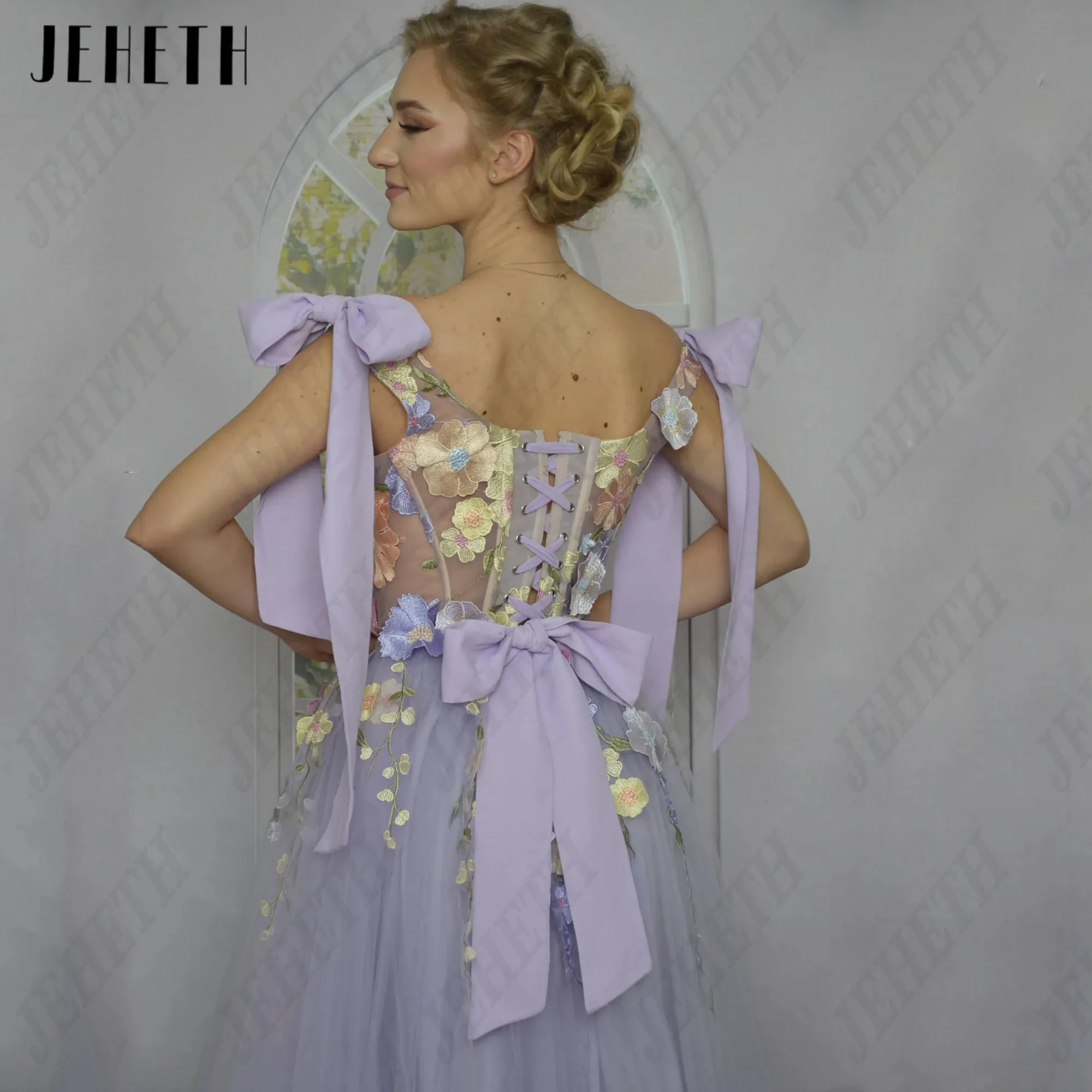 JEHETH-Vestidos femininos de baile 3D, vestidos bordados em renda, elegantes vestidos de formatura sem mangas, chá de comprimento, mulheres