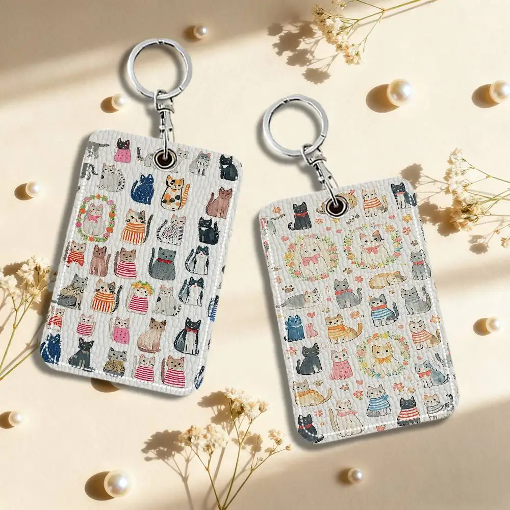 Cute Collage Cartoon Cat Sign Rectangle Keychain Card Holder, Badge Credit Card Holder, Student ID Card Holder, Bus Cards Cover