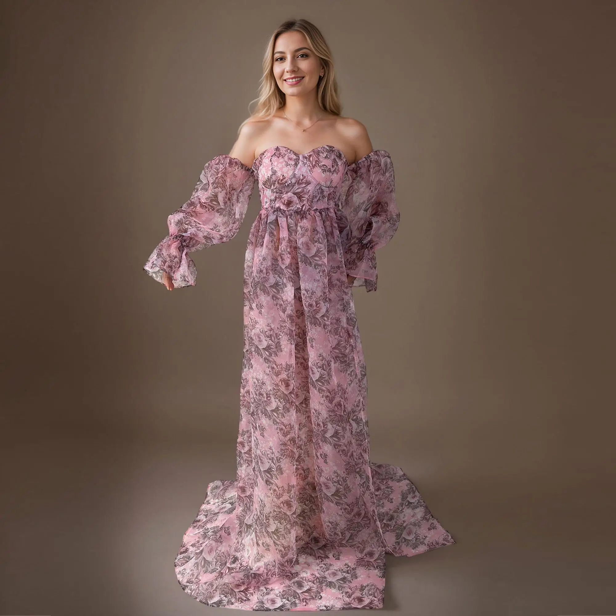 

Don&Judy Tulle Dress Floral Print For Pregnant Woman Off Shoulder Skirt Gown Clothing For Photoshoot